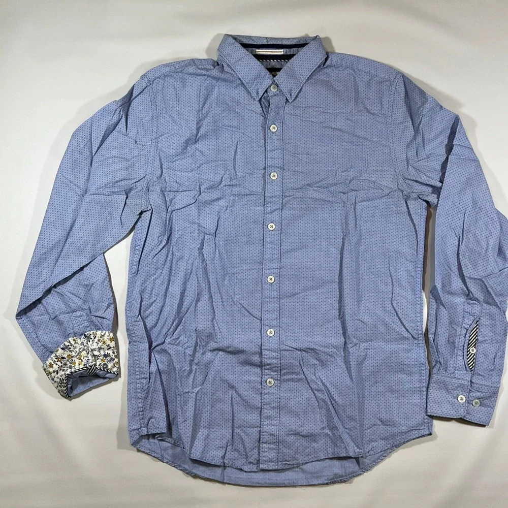 Denim & Flower Button Down Mens Medium Blue Polka‎ Dot Floral Cuff Dapper Shirt